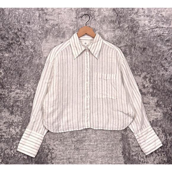 Banana Republic Top Medium Womens Boxy Crop Linen Shirt Vanilla Striped - Picture 1 of 9